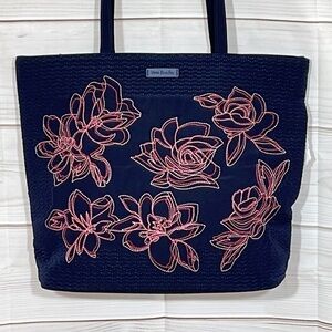 NWT Vera Bradley Embroidered Floral Iconic Vera Tote Classic Navy